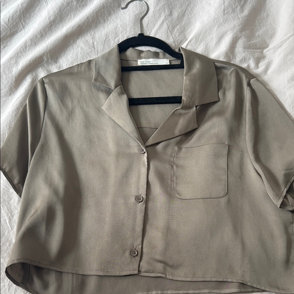 Beige Cropped Button-Up Shirt